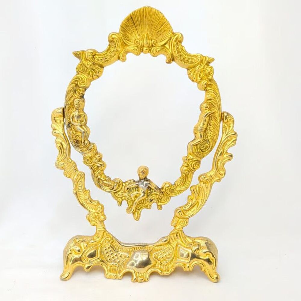 Vintage Ornate Vanity Mirror Frame Rococo Cherub Gold Gilt Hollywood Regency